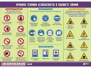 Таблица демонстрационная "Правила техники безопасности в кабинете химии" (винил 70х100) - fgospostavki.ru - Шуя