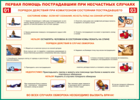 Таблица "Порядок действий при коматозном состоянии пострадавшего" (100х140 сантиметров, винил) - fgospostavki.ru - Шуя